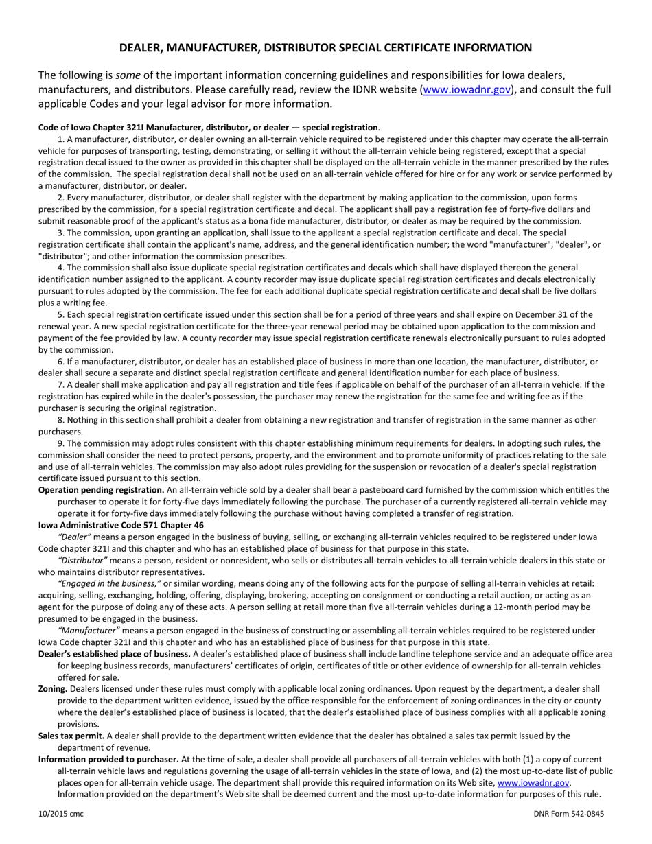DNR Form 542-0845 OHV Dealer, Manufacturer, or Distributor Application for Dealer Registration and Special Certificates - Iowa, Page 2
