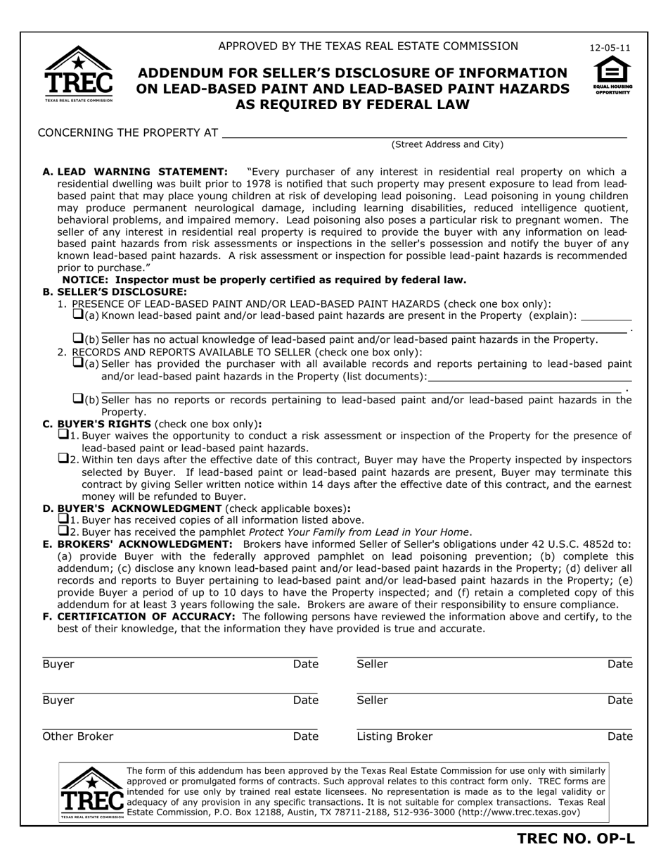 TREC Form OP-L Addendum for Sellers Disclosure of Information on Lead-Based Paint and Lead-Based Paint Hazards as Required by Federal Law - Texas, Page 1