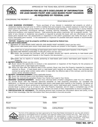 Document preview: TREC Form OP-L Addendum for Seller's Disclosure of Information on Lead-Based Paint and Lead-Based Paint Hazards as Required by Federal Law - Texas