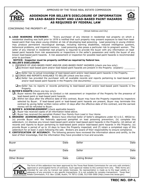 TREC Form OP-L Addendum for Seller's Disclosure of Information on Lead-Based Paint and Lead-Based Paint Hazards as Required by Federal Law - Texas