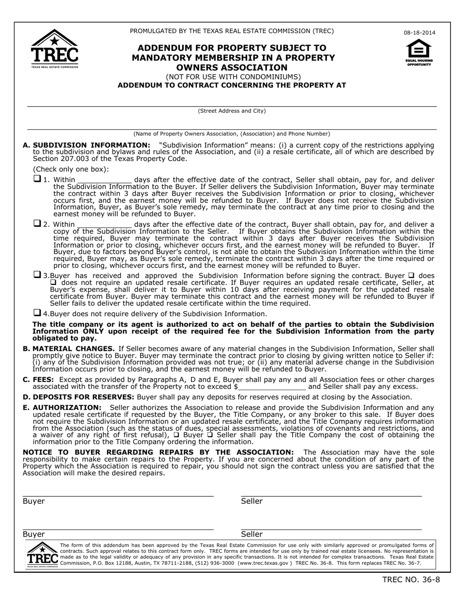 TREC Form 36-8 Addendum for Property Subject to Mandatory Membership in a Property Owners Association - Texas, Page 1