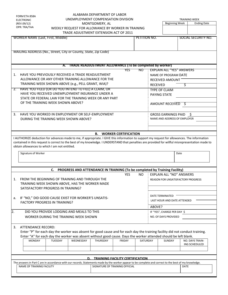 Form ETA858A Weekly Request for Allowance by Worker in Training - Alabama, Page 1