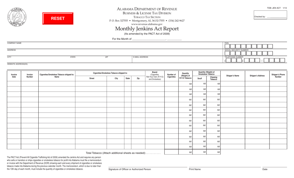 Form TOB: JEN ACT Monthly Jenkins Act Report - Alabama, Page 1