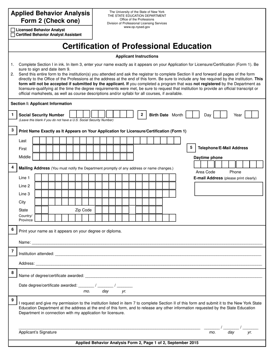 Applied Behavior Analysis Form 2 Certification of Professional Education - New York, Page 1