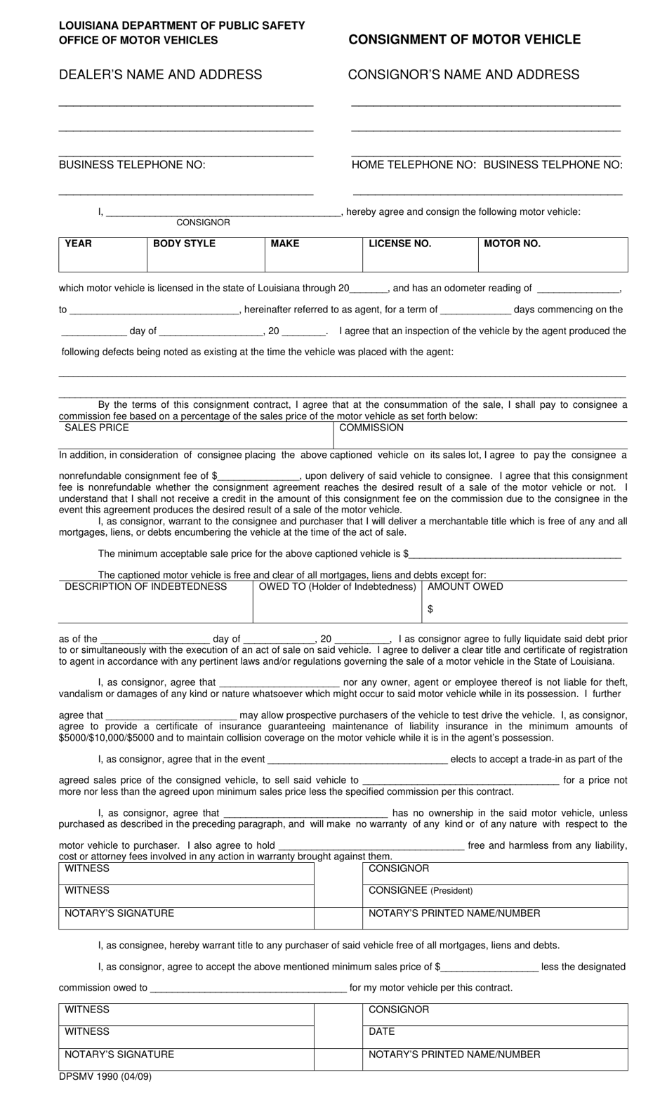 Form DPSMV1990 Consignment of Motor Vehicle - Louisiana, Page 1