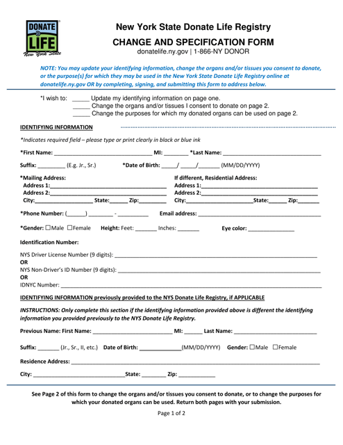 Change and Specification Form - New York State Donate Life Registry - New York Download Pdf