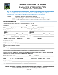 Change and Specification Form - New York State Donate Life Registry - New York
