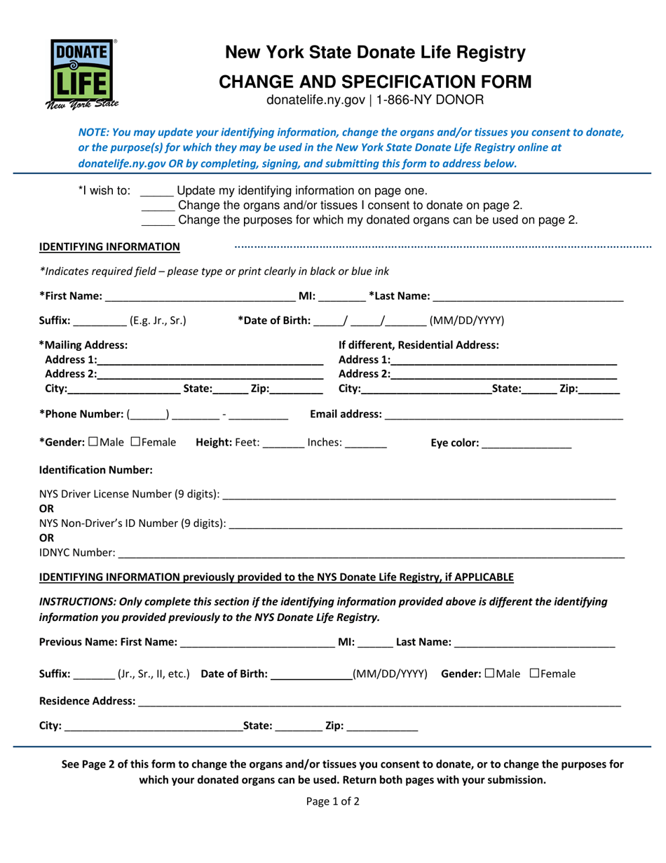 Change and Specification Form - New York State Donate Life Registry - New York, Page 1