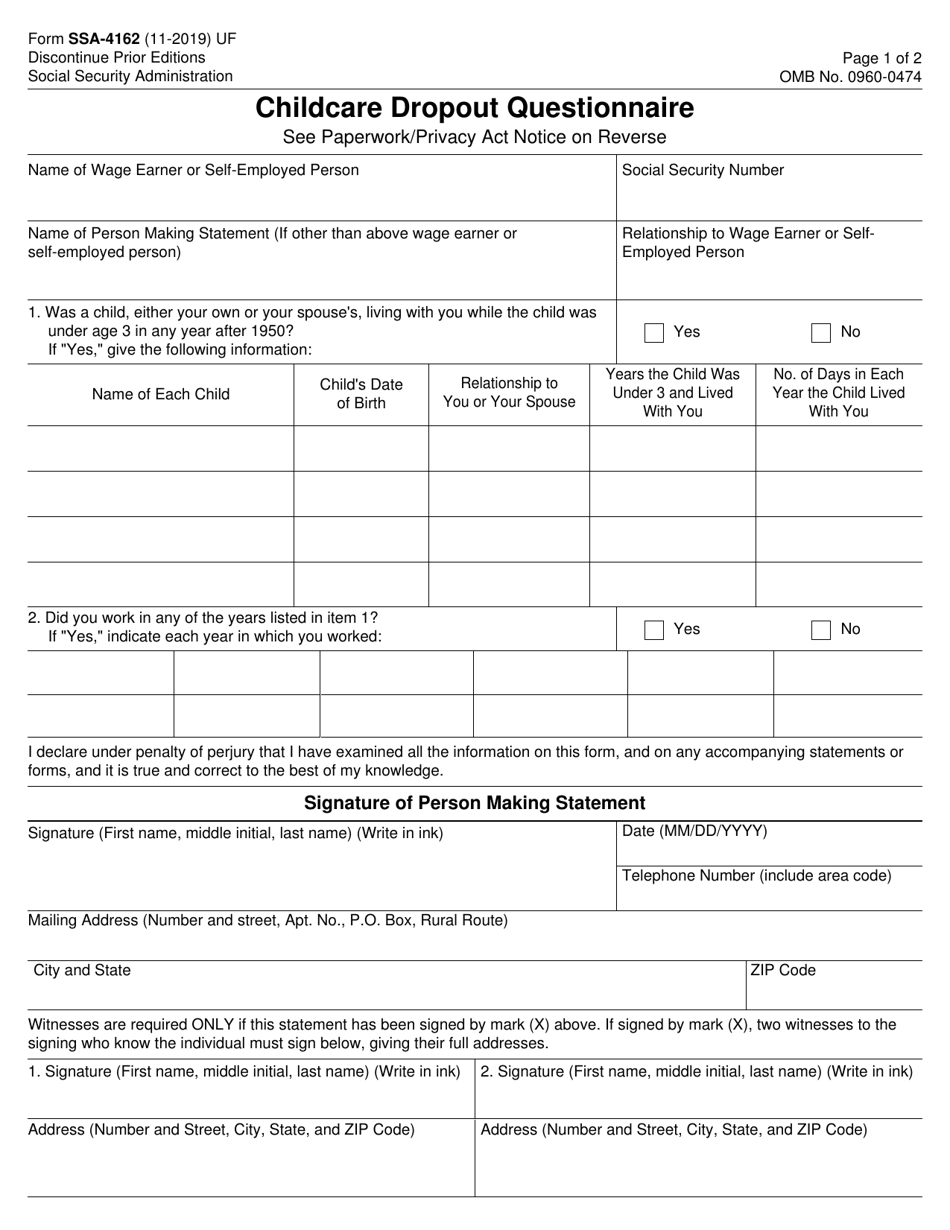 Form SSA-4162 Childcare Dropout Questionnaire, Page 1
