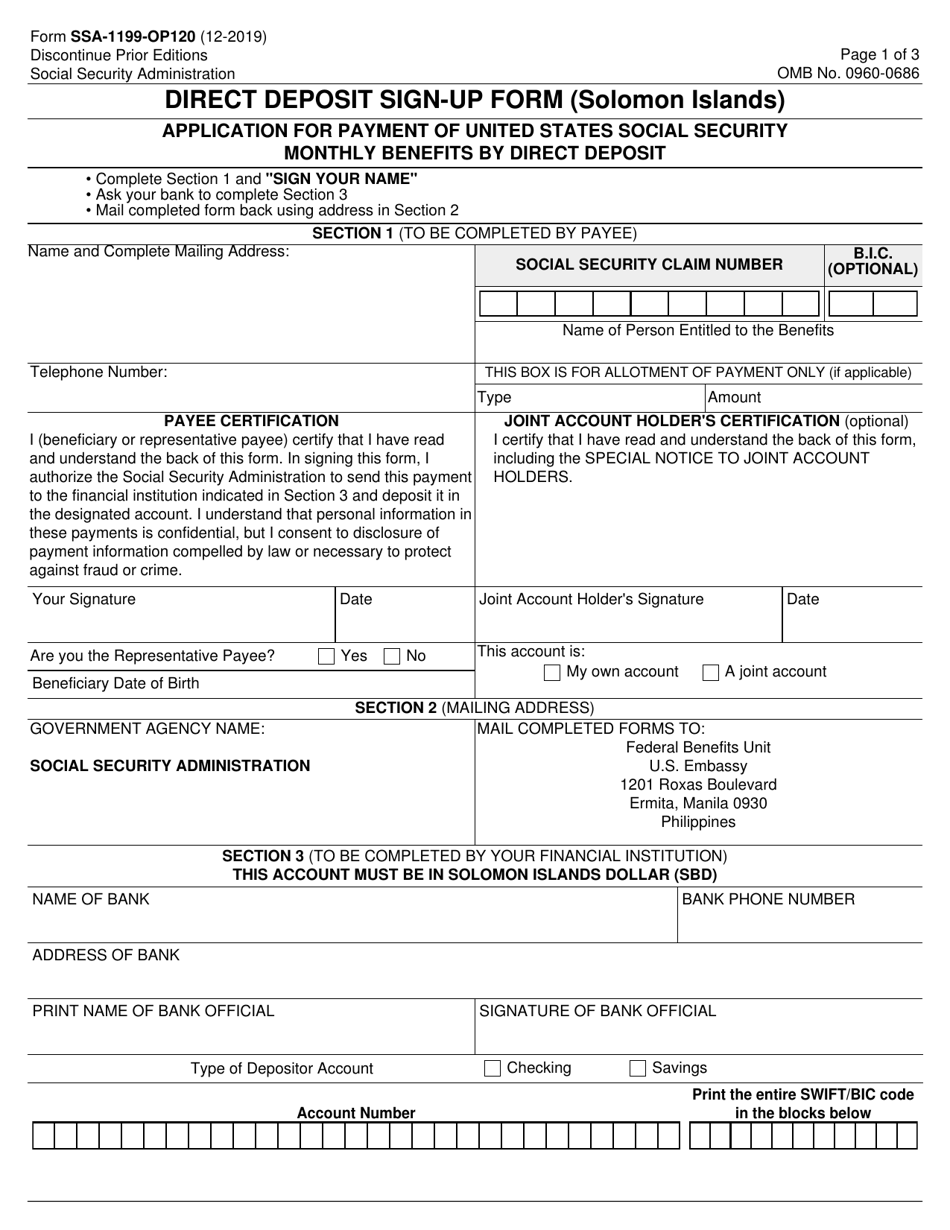 Form SSA-1199-OP120 Direct Deposit Sign-Up Form (Solomon Islands), Page 1