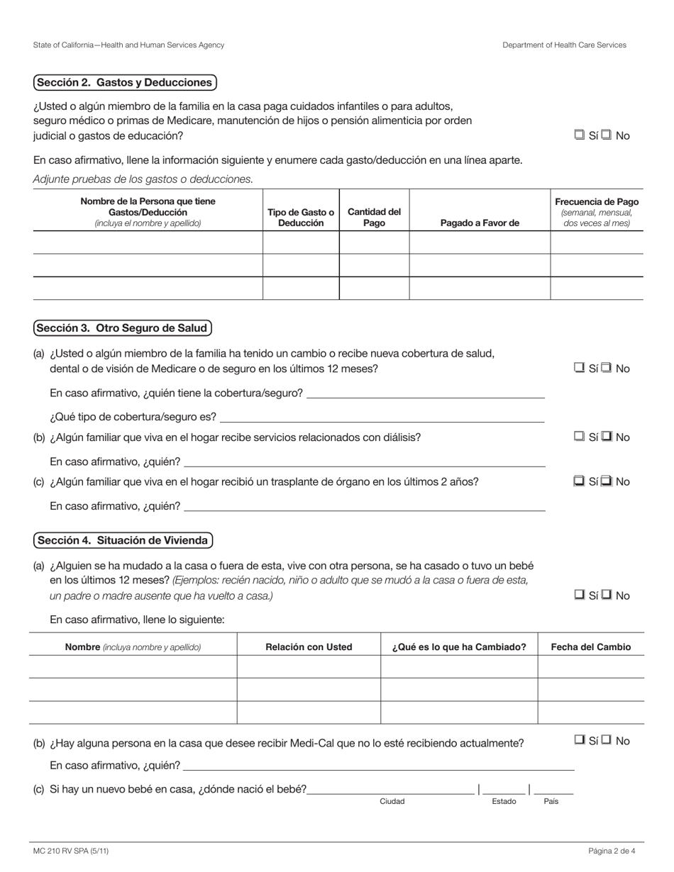 Formulario MC210 RV Formulario De Redeterminacion Anual De Medi-Cal - California (Spanish), Page 2