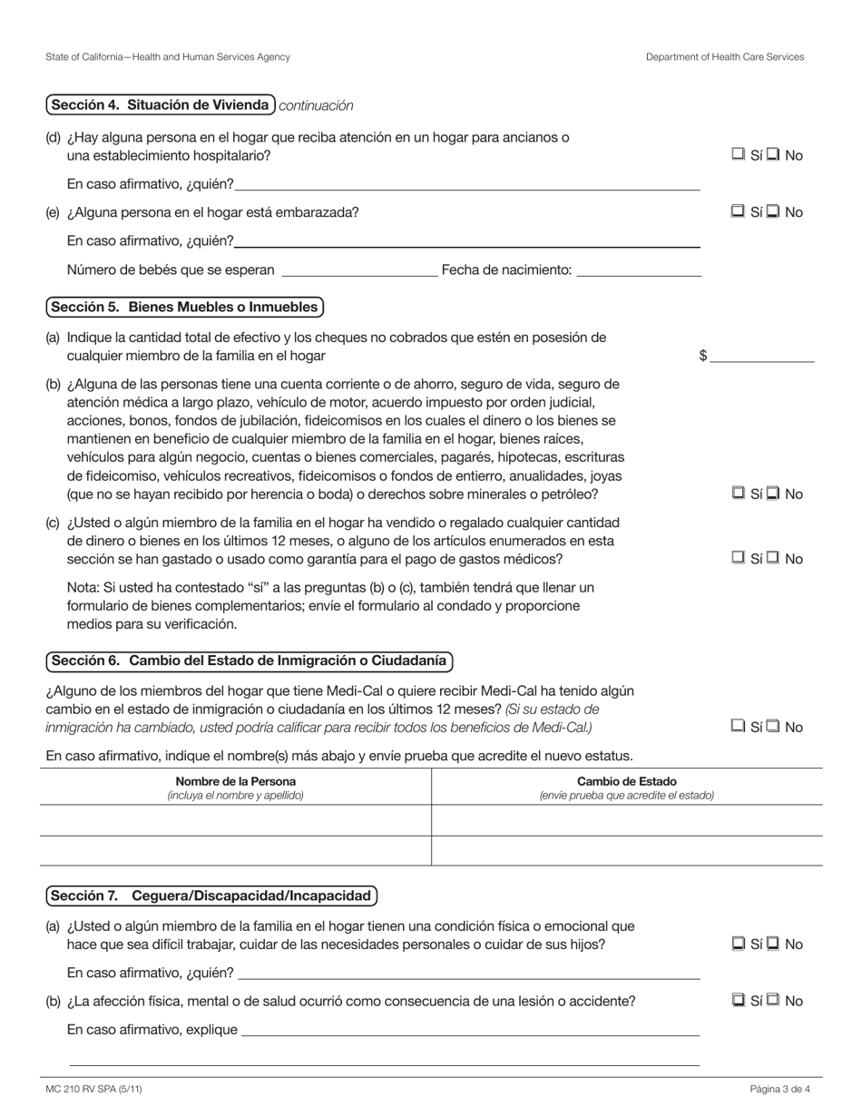 Formulario MC210 RV Formulario De Redeterminacion Anual De Medi-Cal - California (Spanish), Page 3