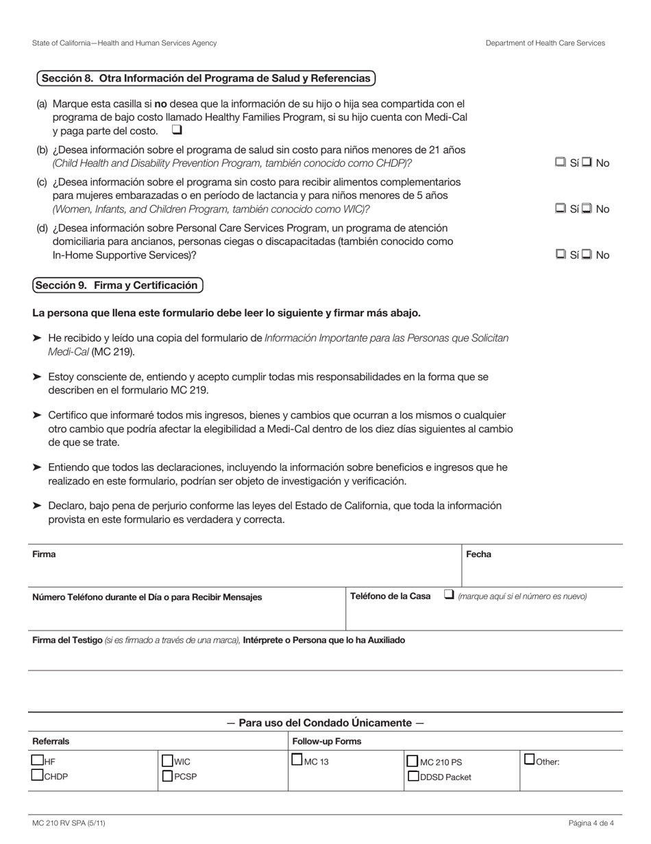 Formulario MC210 RV Formulario De Redeterminacion Anual De Medi-Cal - California (Spanish), Page 4