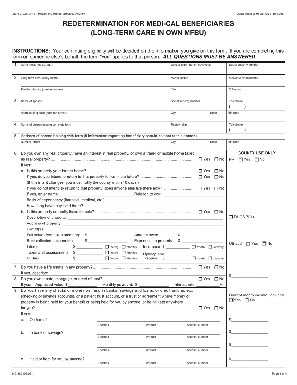 Form MC262 Redetermination for Medi-Cal Beneficiaries (Long-Term Care in Own Mfbu) - California, Page 1