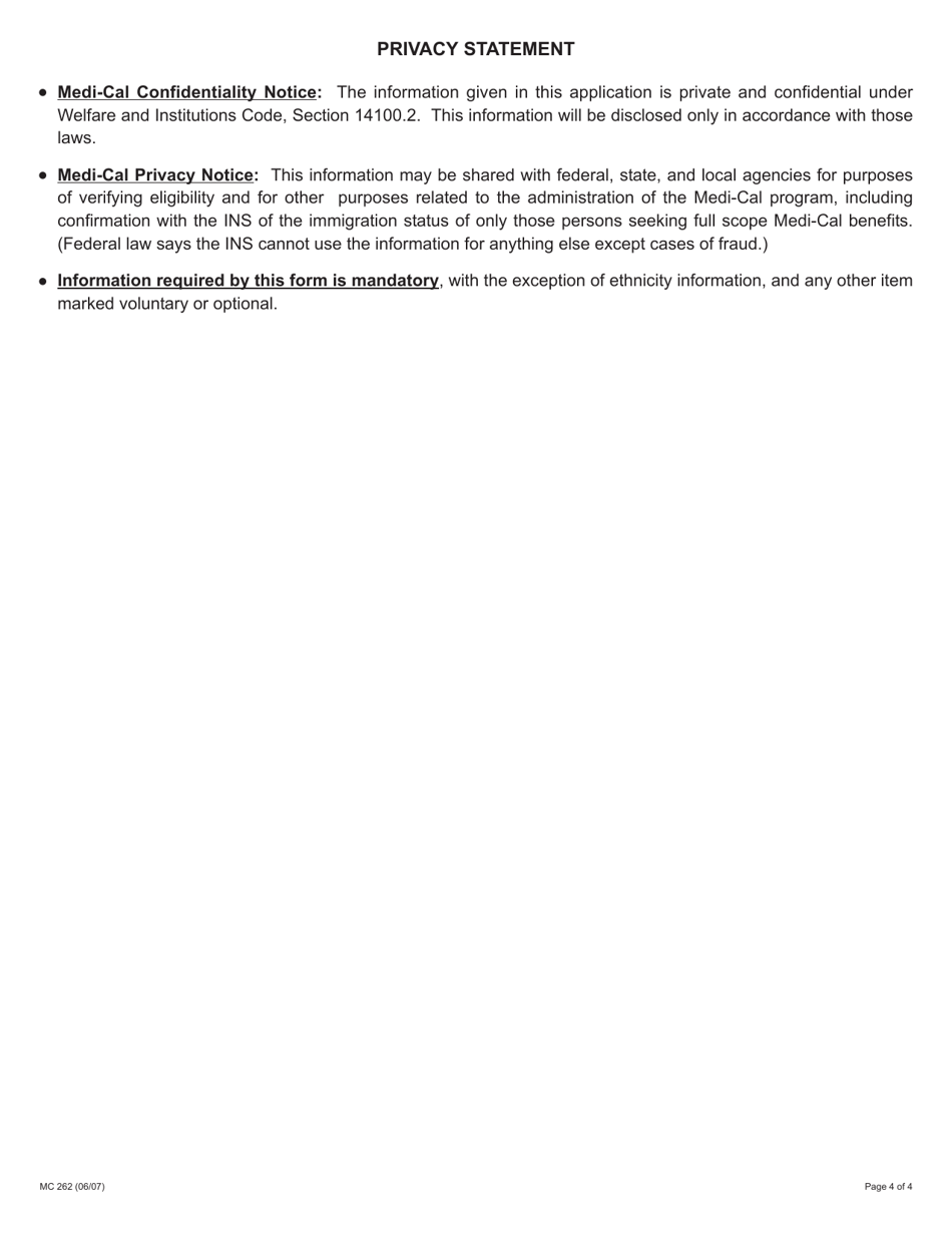 Form MC262 Redetermination for Medi-Cal Beneficiaries (Long-Term Care in Own Mfbu) - California, Page 4