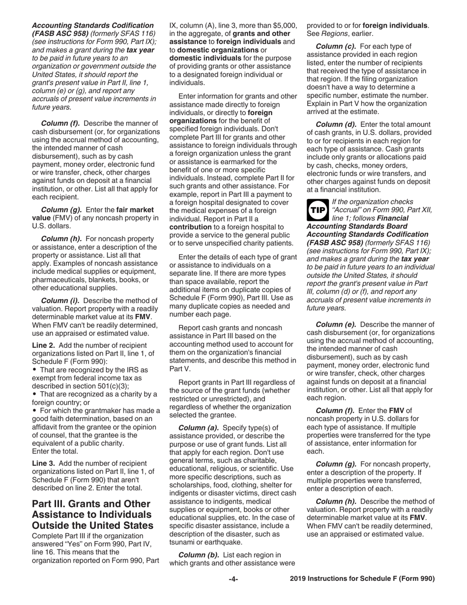Instructions for IRS Form 990 Schedule F Statement of Activities Outside the United States, Page 4