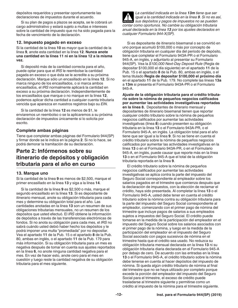 Instrucciones para IRS Formulario 944 Declaracion Federal Anual De Impuestos Del Patrono O Empleador (Spanish), Page 12