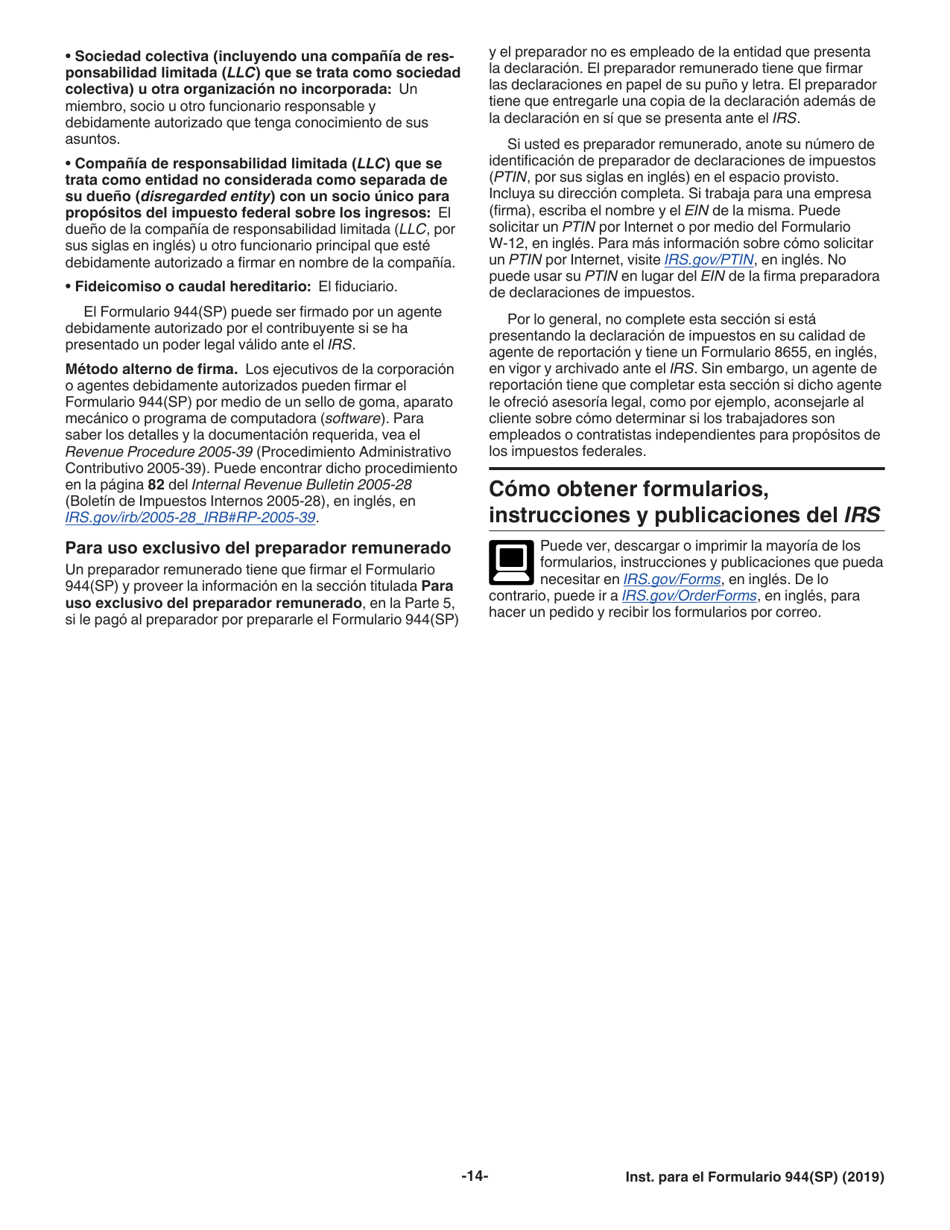 Instrucciones para IRS Formulario 944 Declaracion Federal Anual De Impuestos Del Patrono O Empleador (Spanish), Page 14