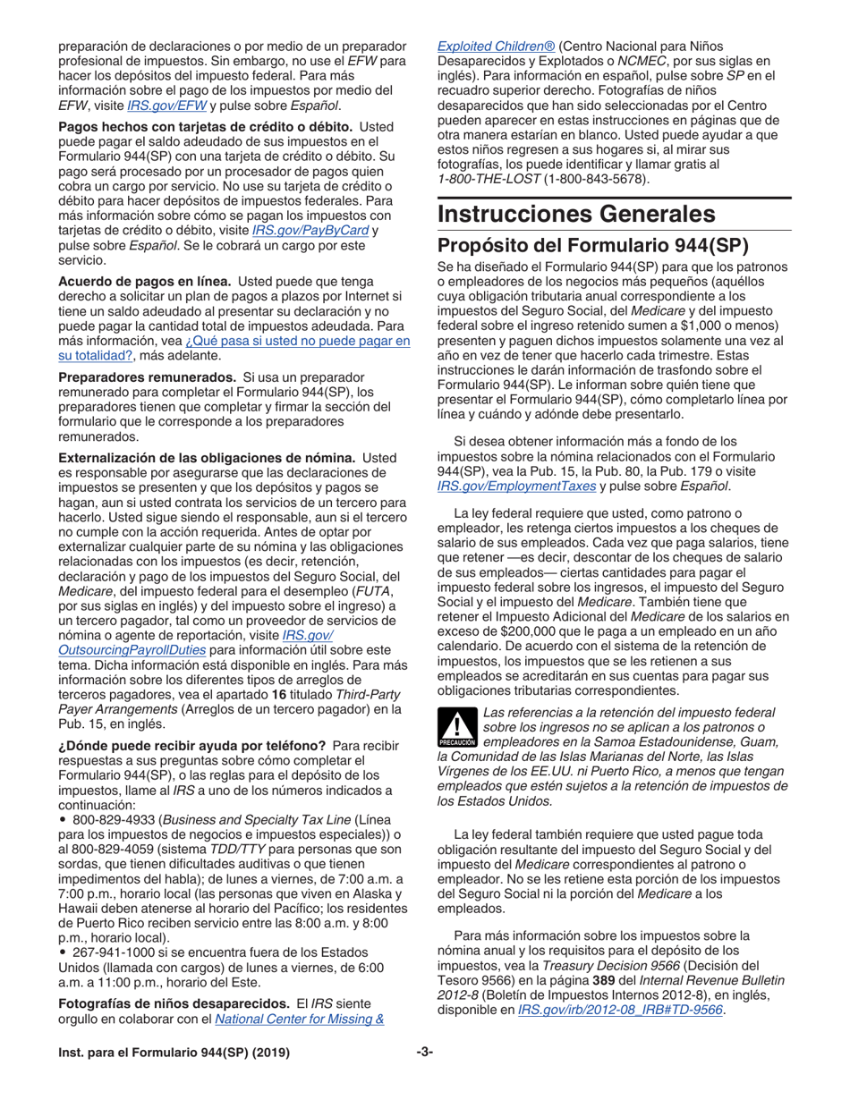 Instrucciones para IRS Formulario 944 Declaracion Federal Anual De Impuestos Del Patrono O Empleador (Spanish), Page 3