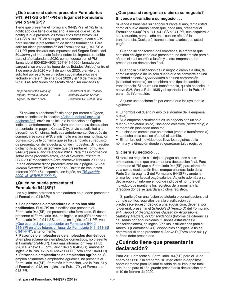 Instrucciones para IRS Formulario 944 Declaracion Federal Anual De Impuestos Del Patrono O Empleador (Spanish), Page 5