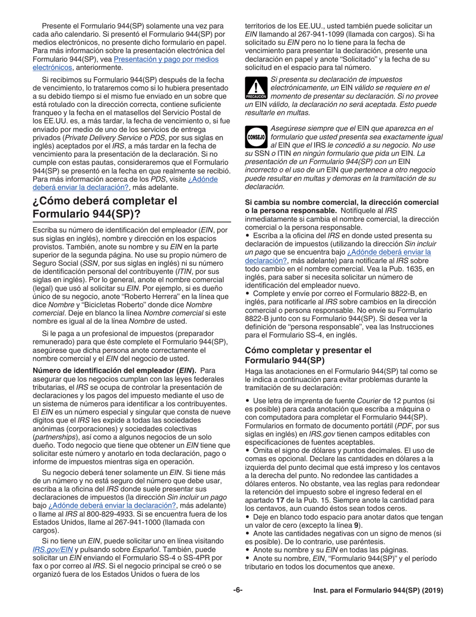 Instrucciones para IRS Formulario 944 Declaracion Federal Anual De Impuestos Del Patrono O Empleador (Spanish), Page 6