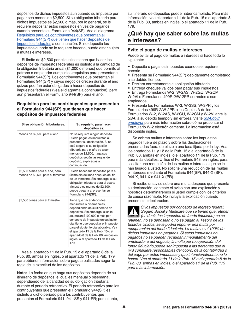 Instrucciones para IRS Formulario 944 Declaracion Federal Anual De Impuestos Del Patrono O Empleador (Spanish), Page 8