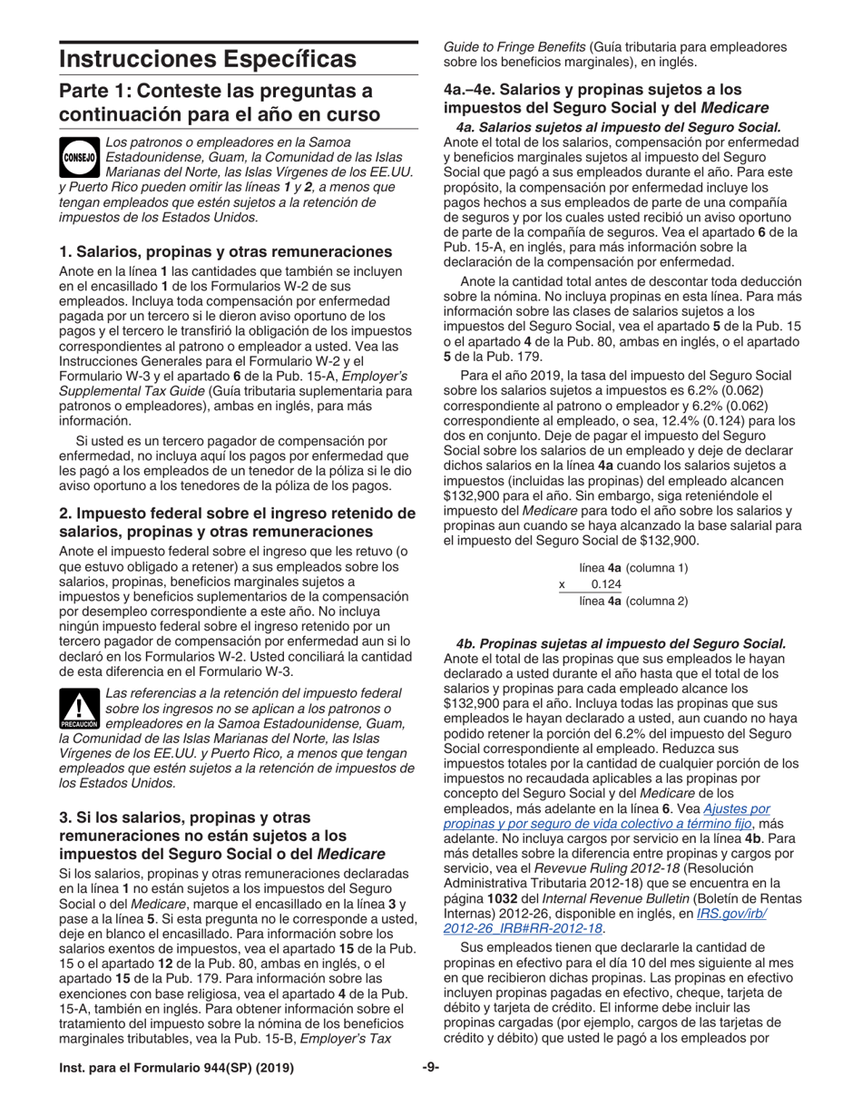 Instrucciones para IRS Formulario 944 Declaracion Federal Anual De Impuestos Del Patrono O Empleador (Spanish), Page 9