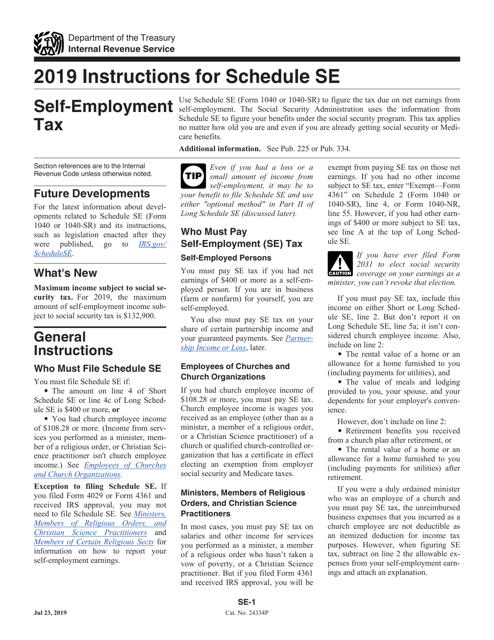 Instructions for IRS Form 1040, 1040-SR Schedule SE Self-employment Tax, 2019