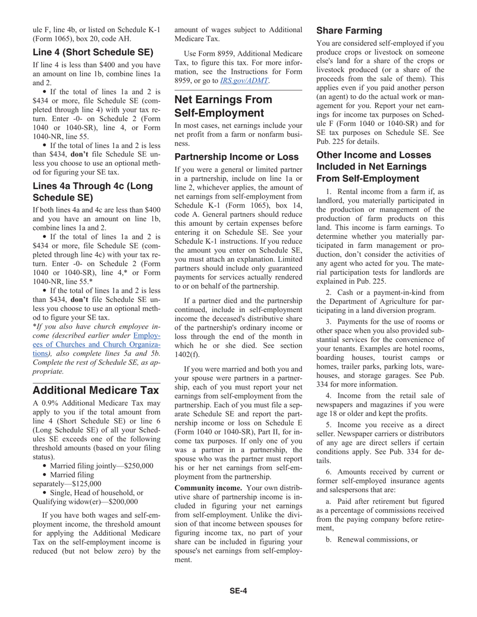 Instructions for IRS Form 1040, 1040-SR Schedule SE Self-employment Tax, Page 4
