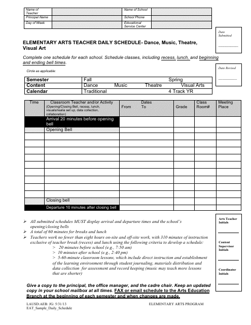 &quot;Elementary Arts Teacher Daily Schedule Template&quot; Download Pdf