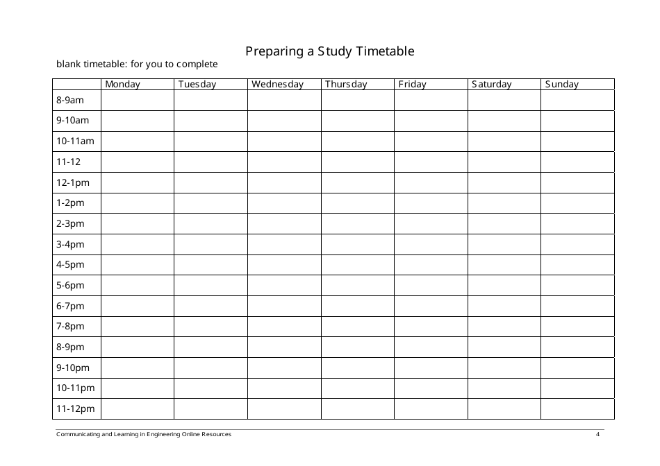 Study Timetable Template - Monash University Engineering Download ...