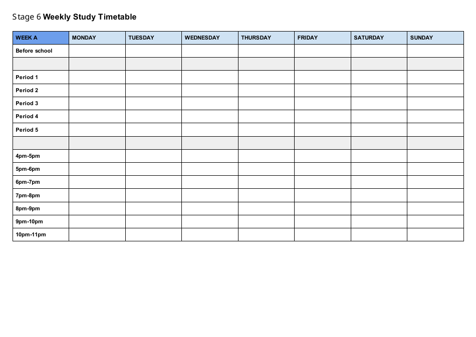 Weekly Study Timetable Template, Page 1
