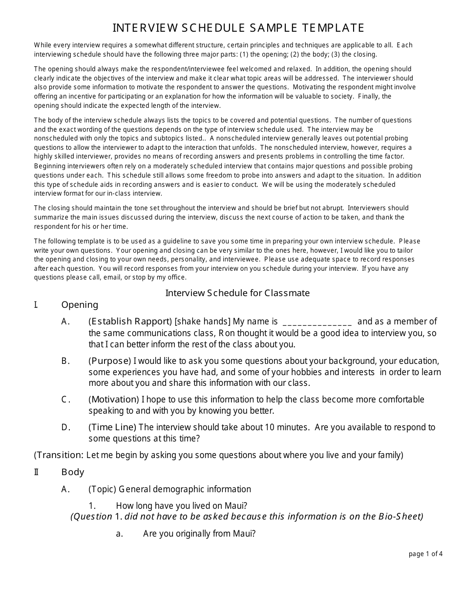 Interview Schedule Sample Template Download Printable PDF Templateroller