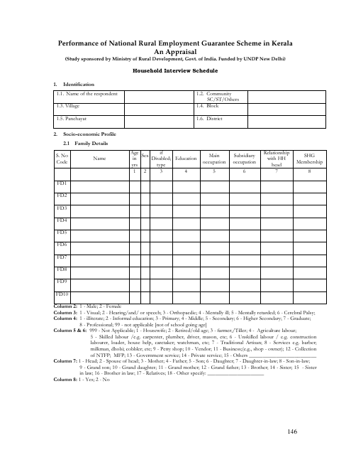&quot;Household Interview Schedule Template&quot; - Kerala, India Download Pdf