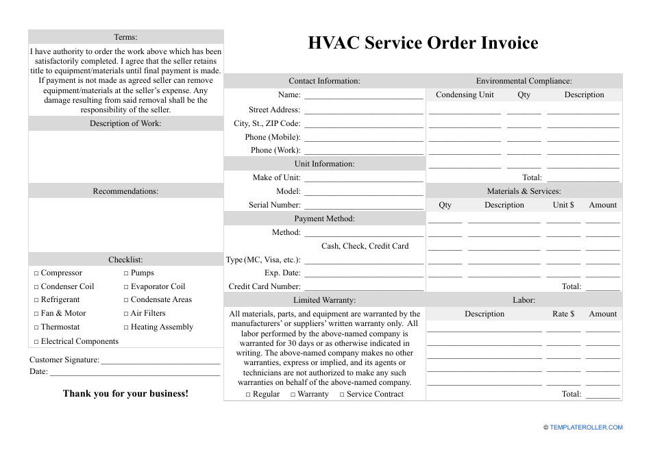Hvac Service Order Invoice Template Download Fillable Pdf Templateroller