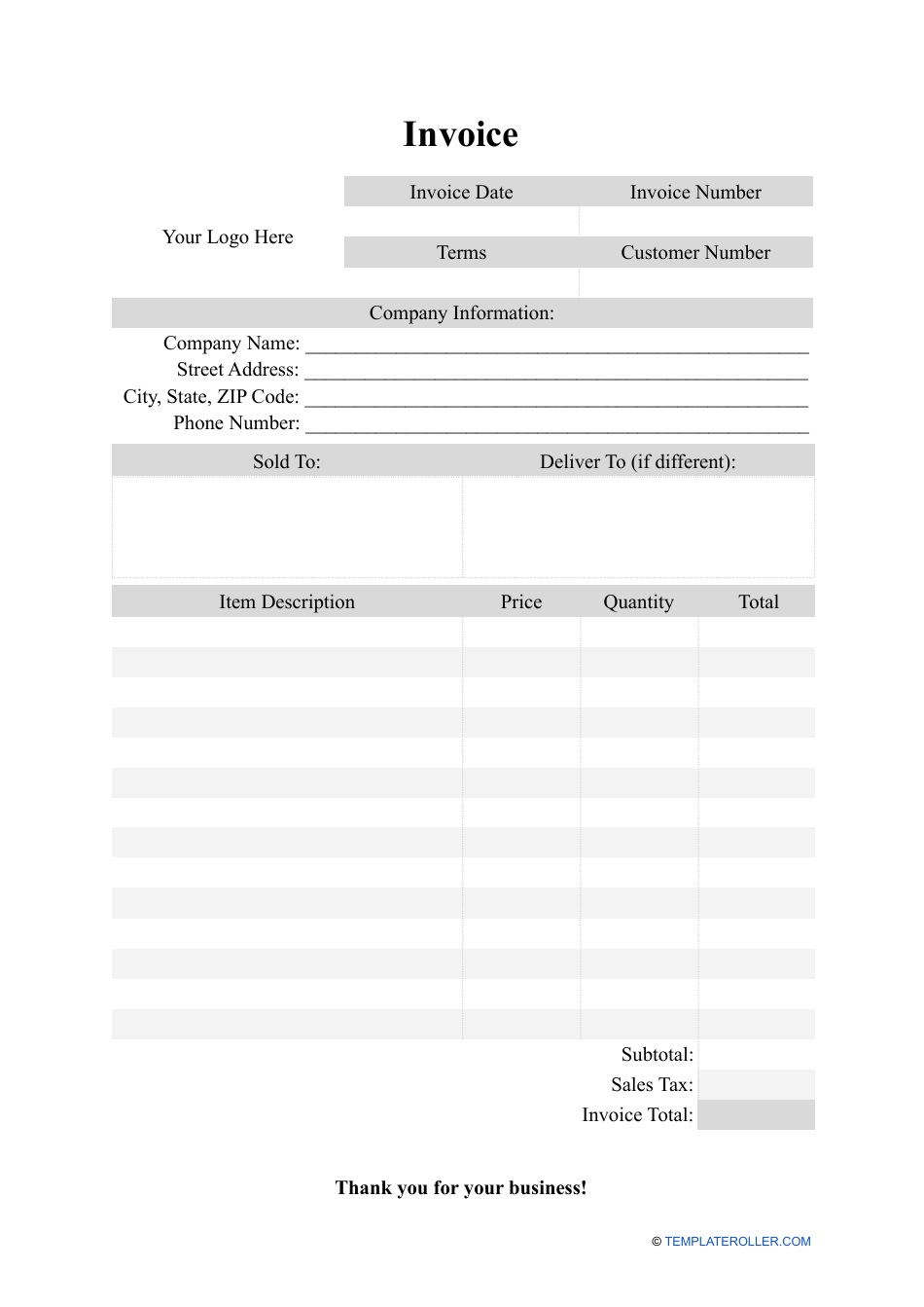 Blank Invoice Template Portrait Fill Out Sign Online And Download Pdf Templateroller 