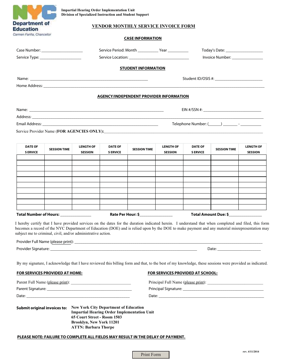 Vendor Monthly Service Invoice Form - New York, New York, Page 1