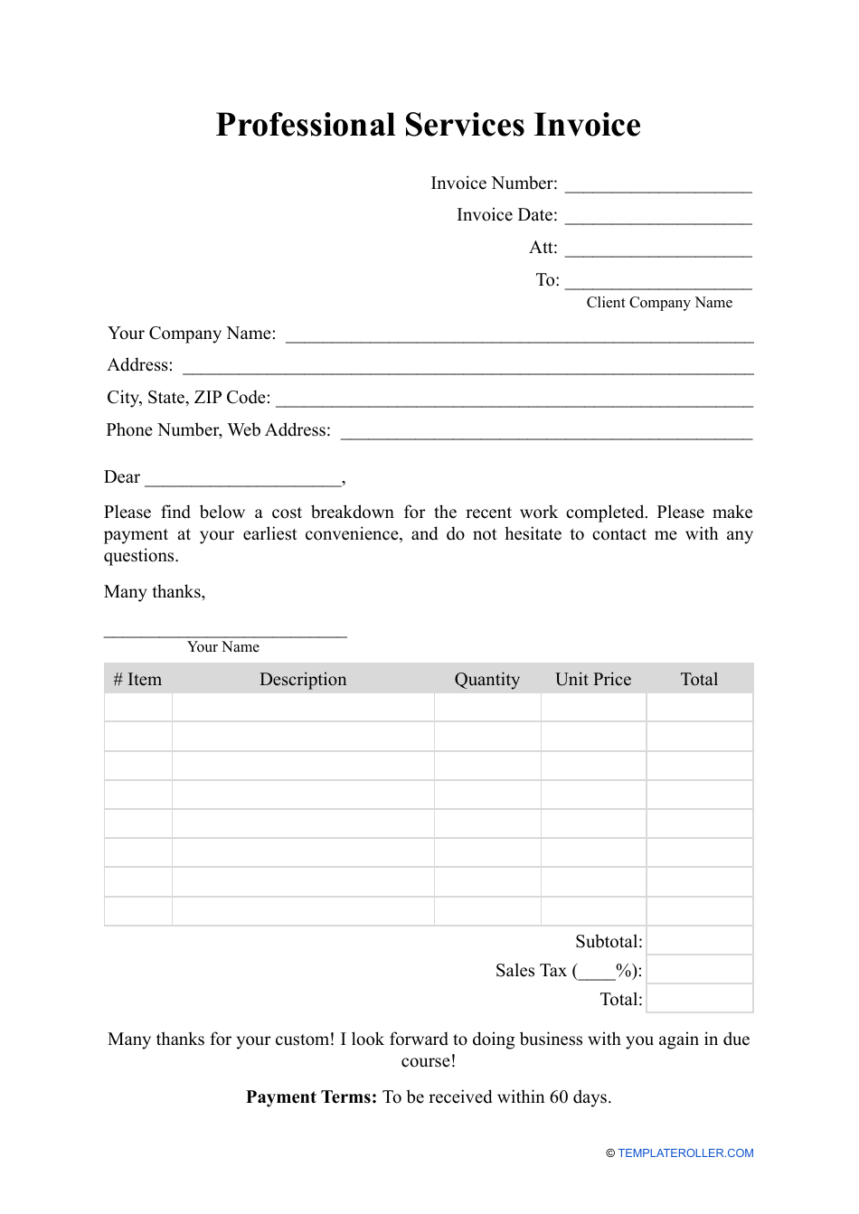 Professional Services Invoice Template, Page 1