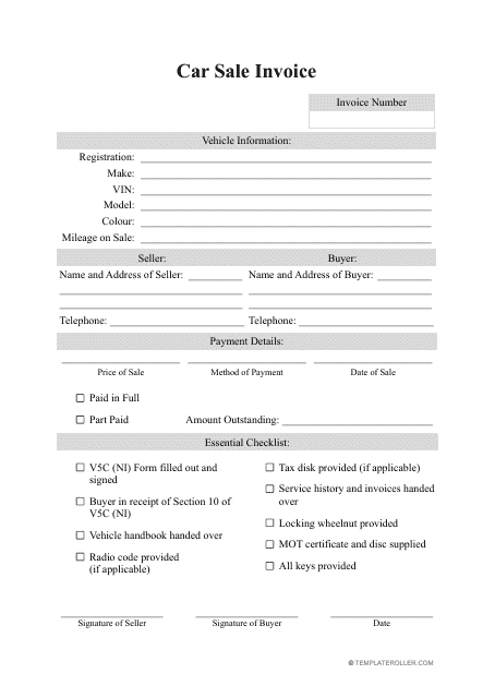 Car Sale Invoice Template - United Kingdom Download Pdf