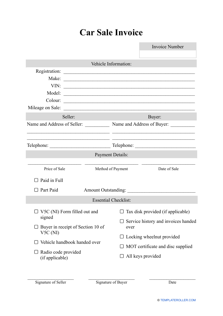 United Kingdom Car Sale Invoice Template Fill Out, Sign Online and