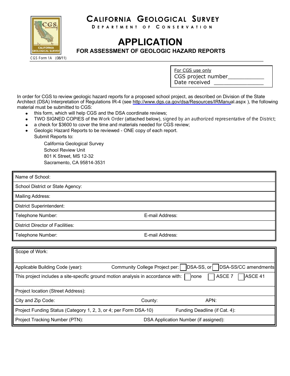 Form CGS1A Application for Assessment of Geologic Hazard Reports - California, Page 1