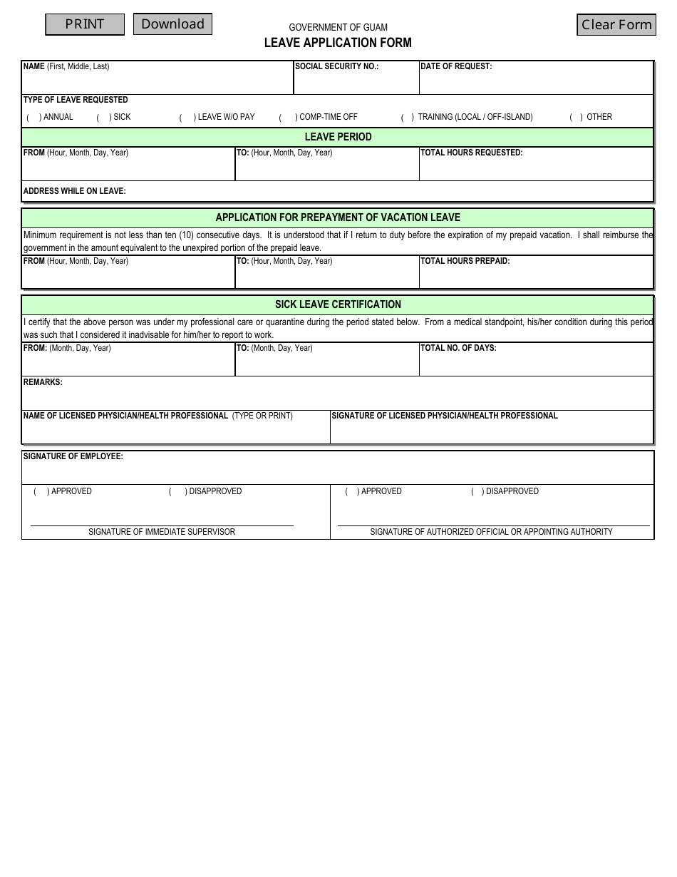 Leave Application Form - Guam, Page 1