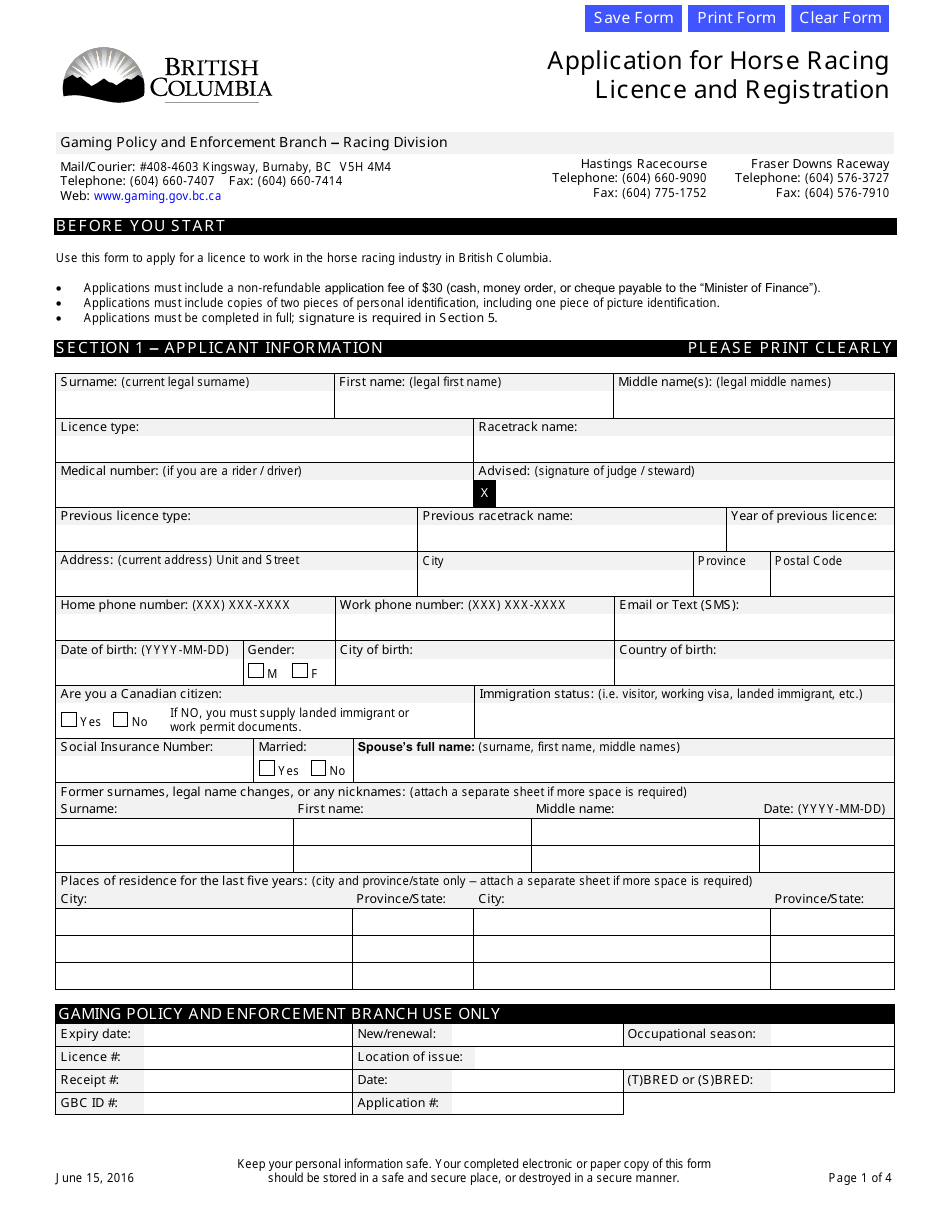 Application for Horse Racing Licence and Registration - British Columbia, Canada, Page 1