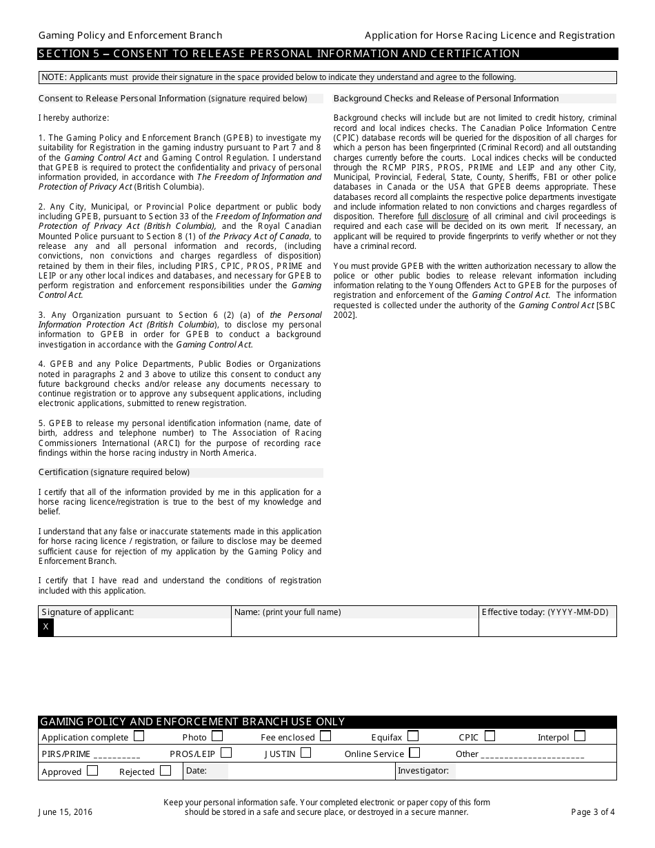 Application for Horse Racing Licence and Registration - British Columbia, Canada, Page 3