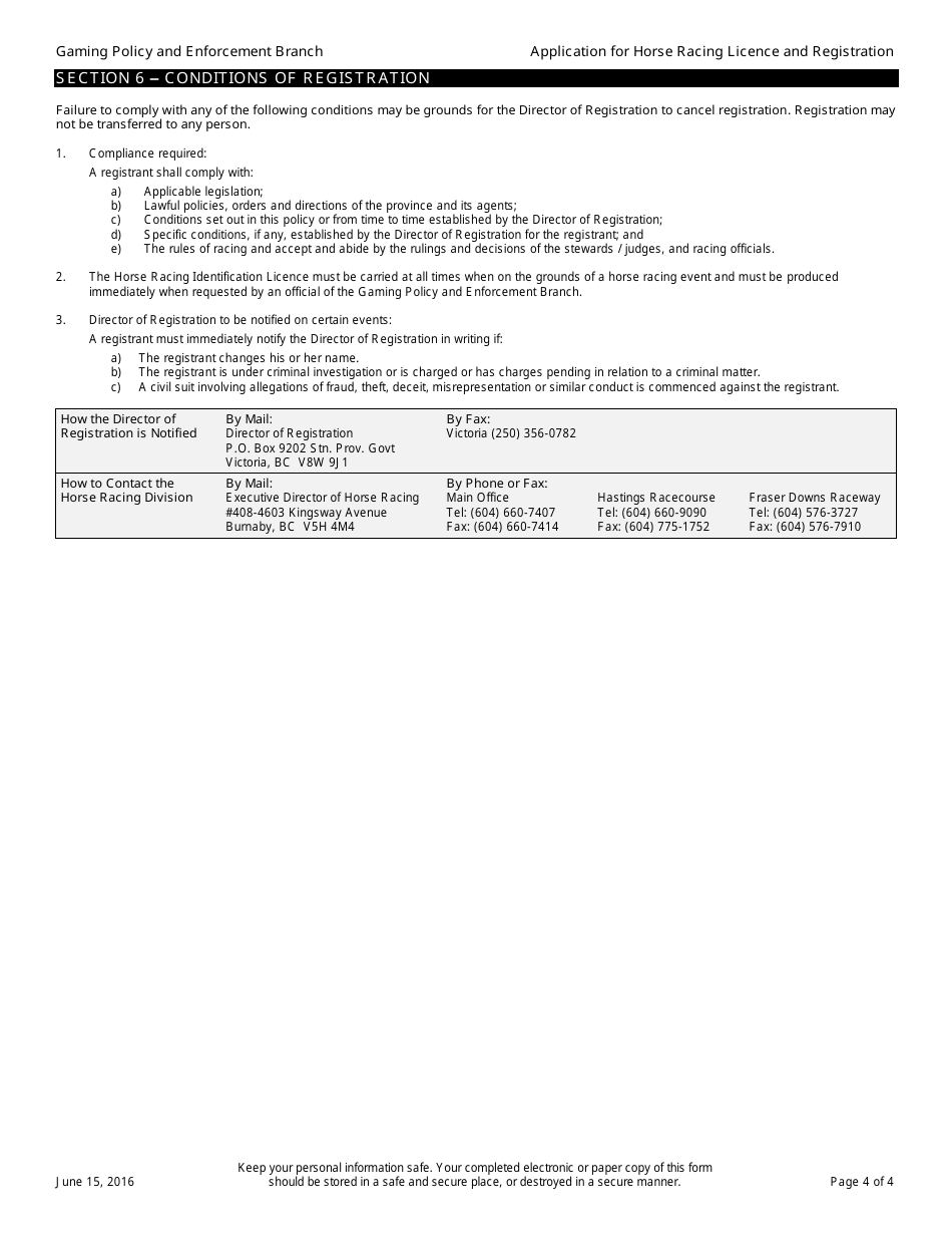 Application for Horse Racing Licence and Registration - British Columbia, Canada, Page 4