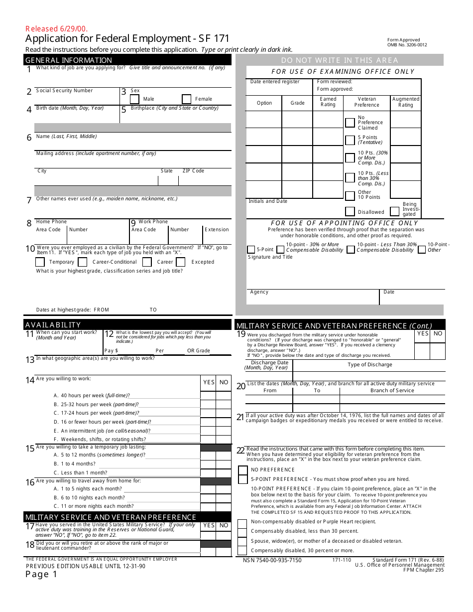 Form SF-171 Application for Federal Employment, Page 1
