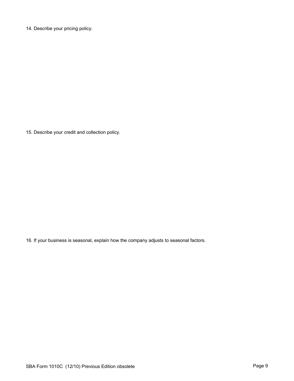 SBA Form 1010C U.S. Small Business Administration 8(A) Business Plan, Page 11