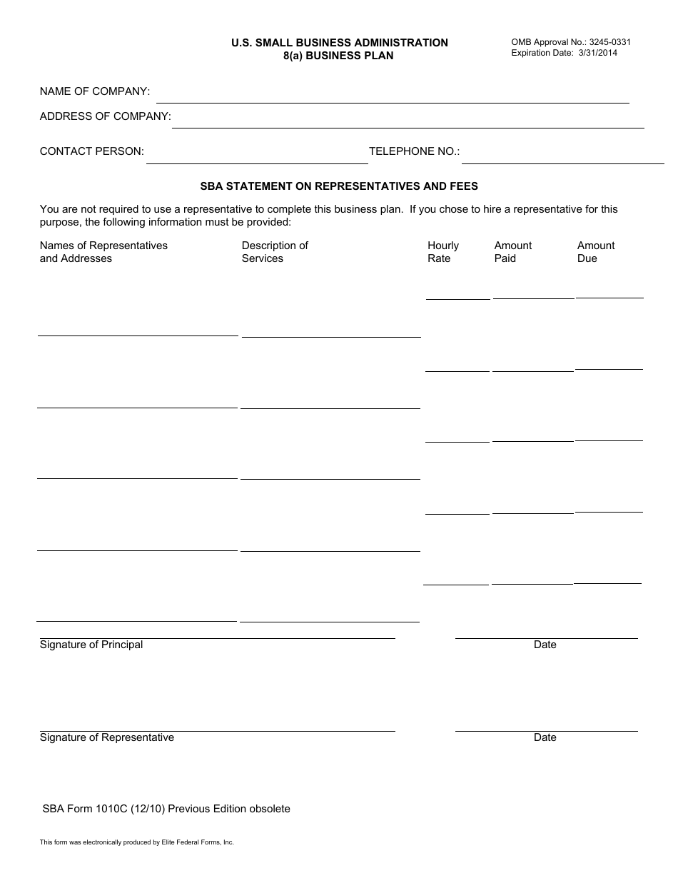 SBA Form 1010C U.S. Small Business Administration 8(A) Business Plan, Page 1