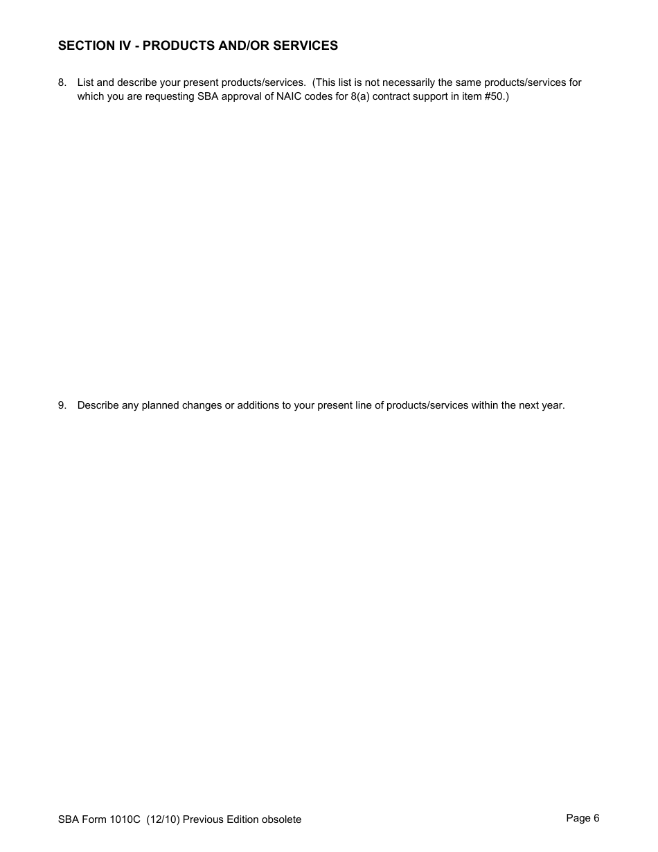 SBA Form 1010C U.S. Small Business Administration 8(A) Business Plan, Page 8