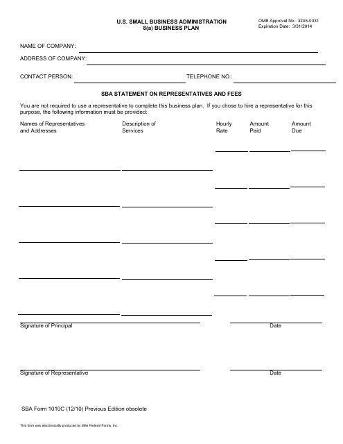 SBA Form 1010C U.S. Small Business Administration 8(A) Business Plan